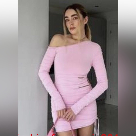 Zara Asymmetric Draped Knit Dress. Ruched, Cutout Pink, - Picture 6 of 14